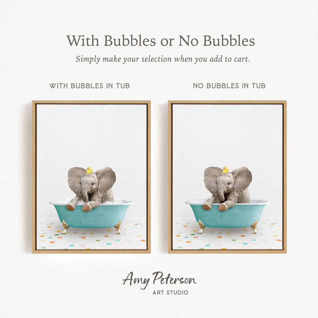 The image is a collage of two pictures featuring an elephant sitting in a bathtub. The elephant is wearing a yellow hat and appears to be enjoying the bath. The collage includes a frame with a picture of the elephant in the tub and another frame without the elephant. The text above the collage reads "With Bubbles or No Bubbles" and below it, "Simply make your selection when you add to cart."