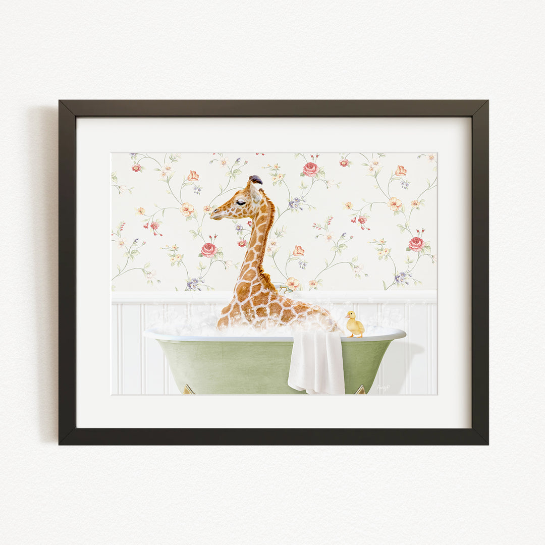 A giraffe sitting in a green bathtub, surrounded by a floral wallpaper and a small yellow bird.
