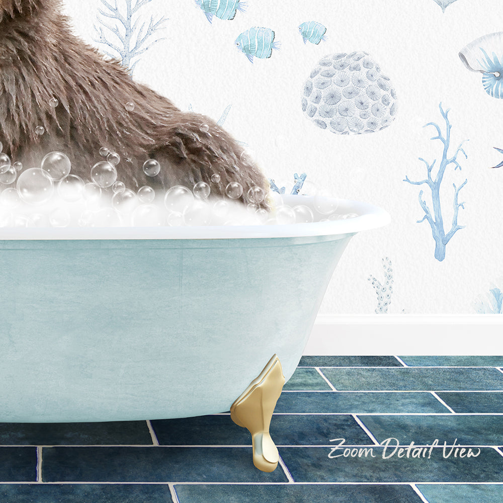 A close-up of a bathtub filled with bubbles, with a brown animal, possibly a dog, sitting in it. The bathtub is placed on a blue tiled floor, and there is a wall with a blue and white underwater scene behind it.