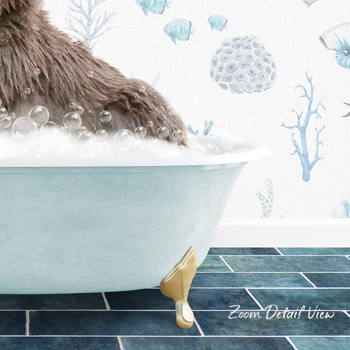 A close-up of a bathtub filled with bubbles, with a brown animal, possibly a dog, sitting in it. The bathtub is placed on a blue tiled floor, and there is a wall with a blue and white underwater scene behind it.