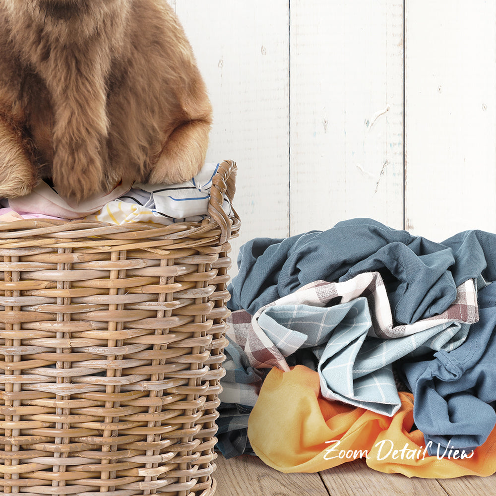 A brown dog is sitting on top of a wicker laundry basket filled with clothes, next to a pile of clothes on the floor.
