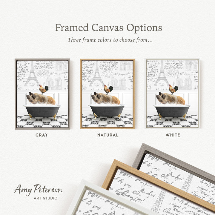 The image is a framed canvas option featuring three different color options for a painting of a cat sitting in a bathtub, with a rooster nearby.