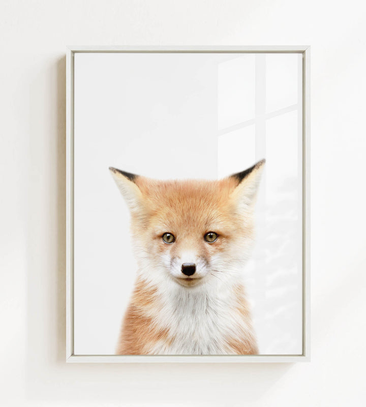 A framed print of a young fox with a friendly expression, looking directly at the camera.