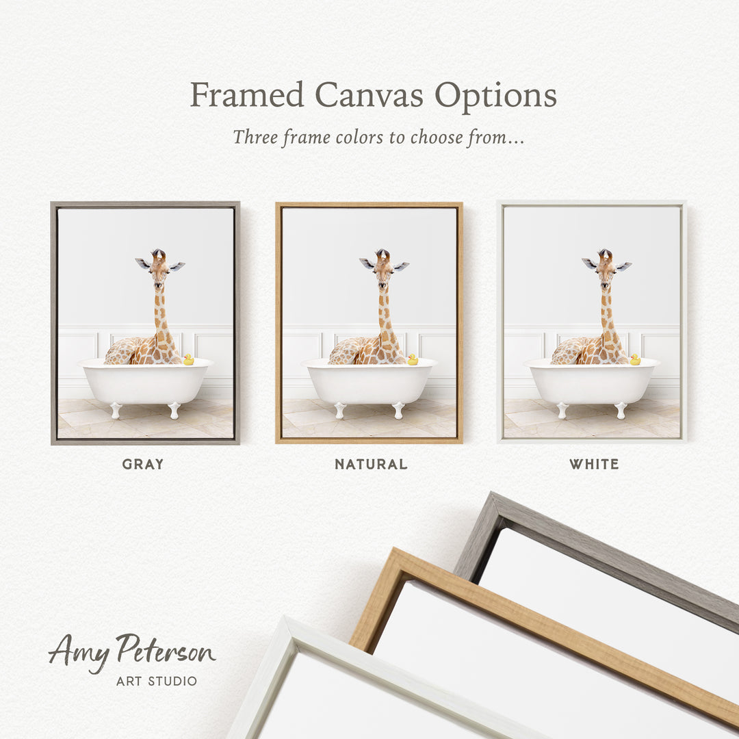 three framed canvas options, each featuring a giraffe sitting in a bathtub. The options include a gray frame, a natural frame, and a white frame.