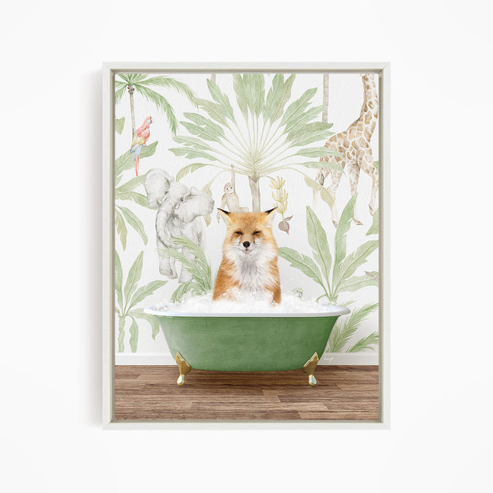 A fox is sitting in a green bathtub, surrounded by tropical plants and animals, including a giraffe and a parrot, against a white background.