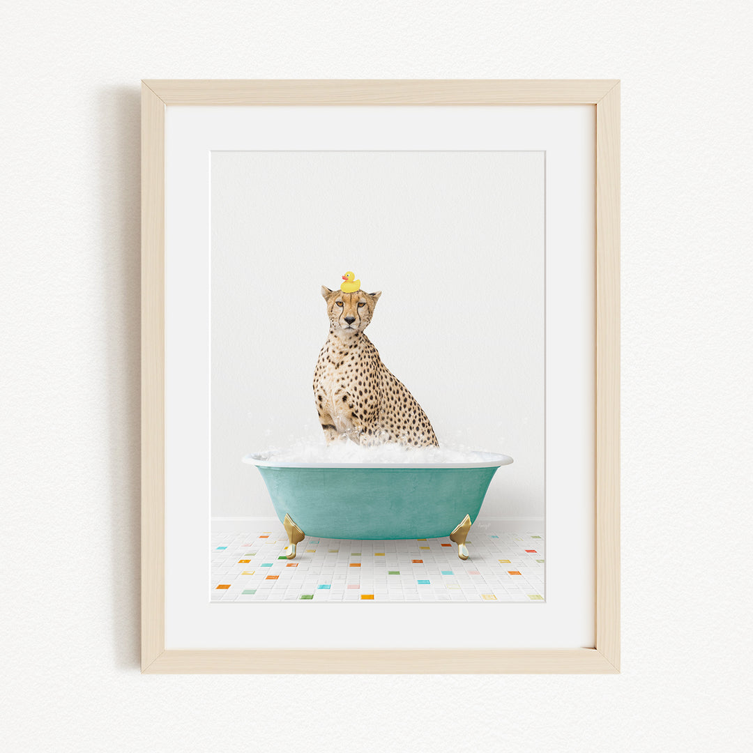 A cheetah sitting in a blue bathtub filled with water, wearing a yellow hat.
