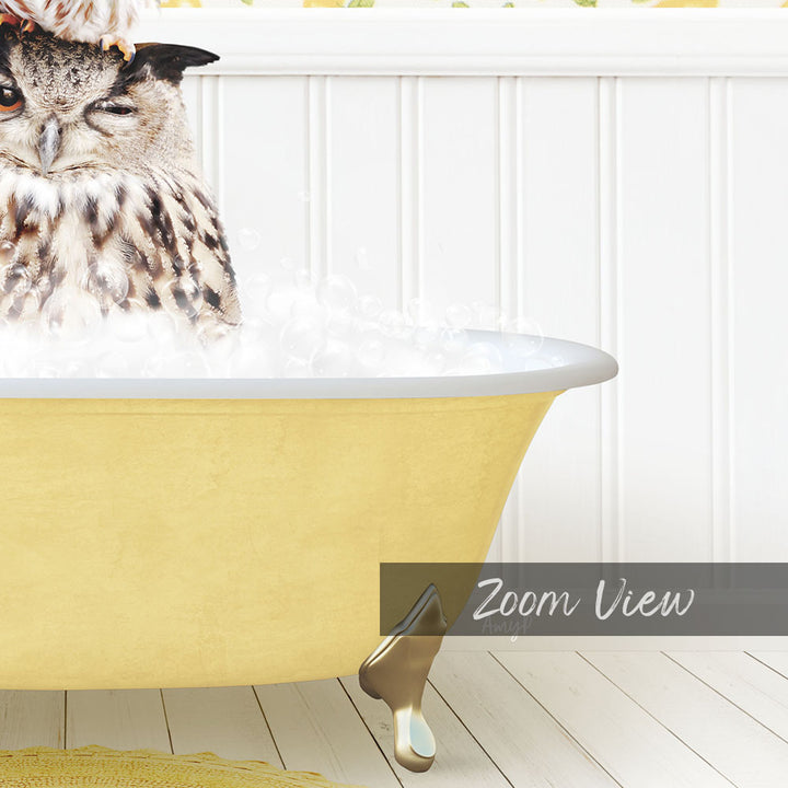 A close-up of an owl sitting in a yellow bathtub filled with bubbles, with a white wall and wooden floor in the background.