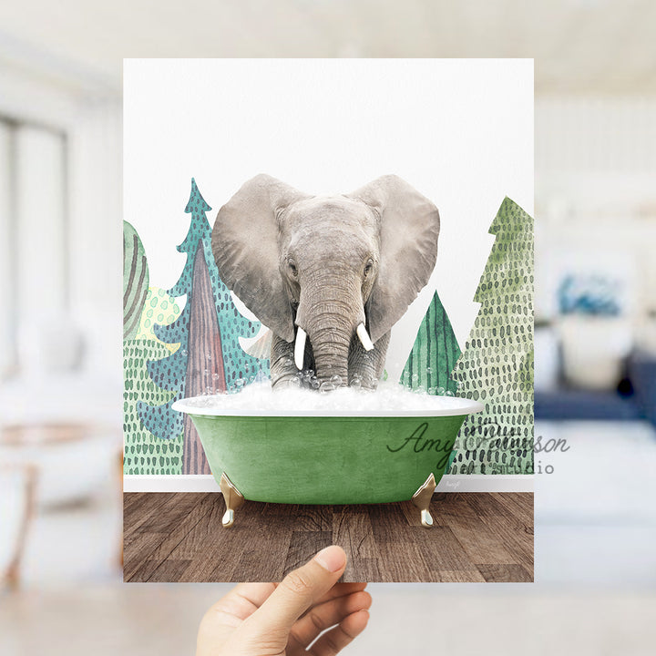 an elephant in a bathtub with trees in the background