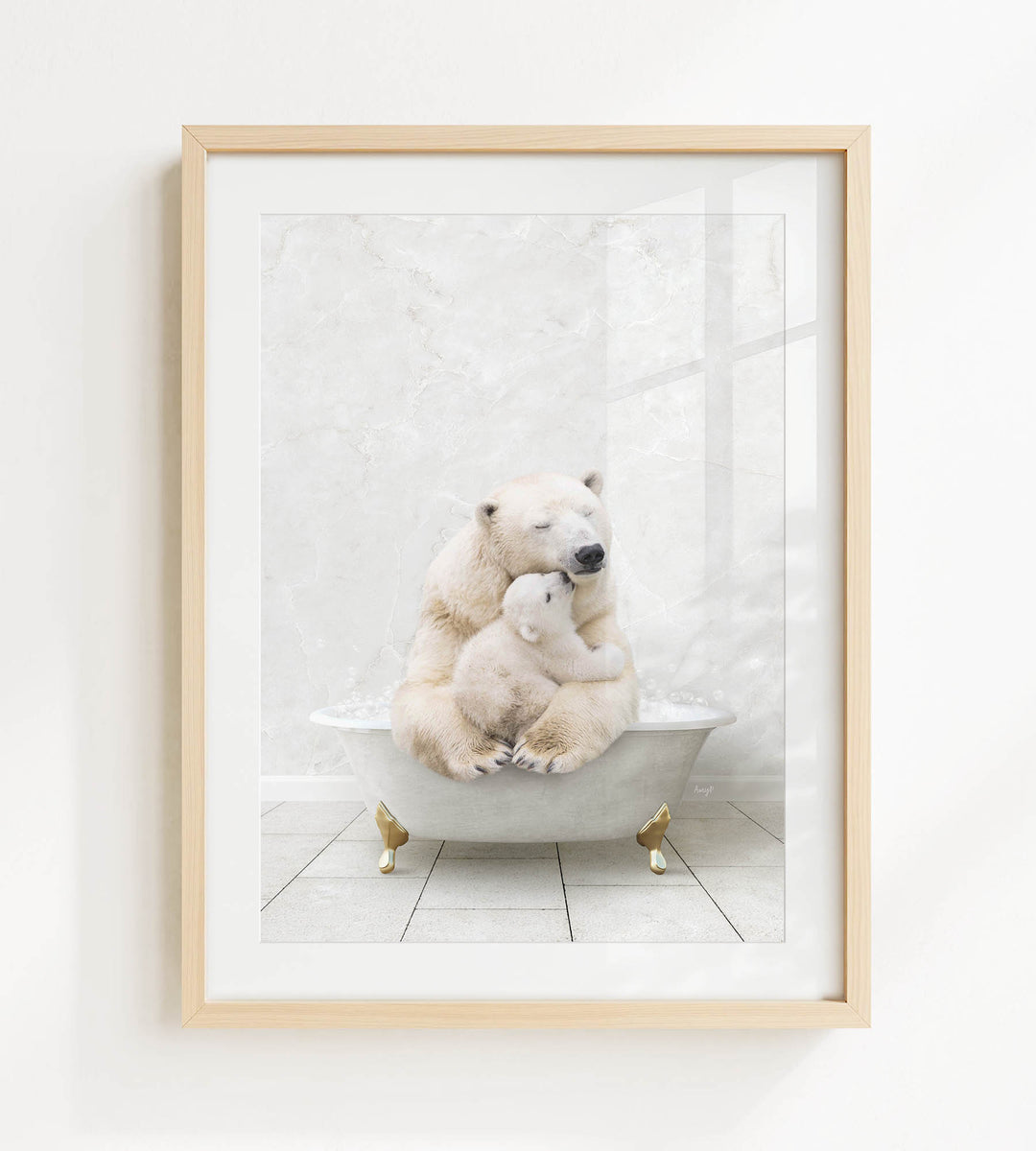 A framed image depicting two polar bears sitting in a bathtub, with one bear appearing to be a baby bear.
