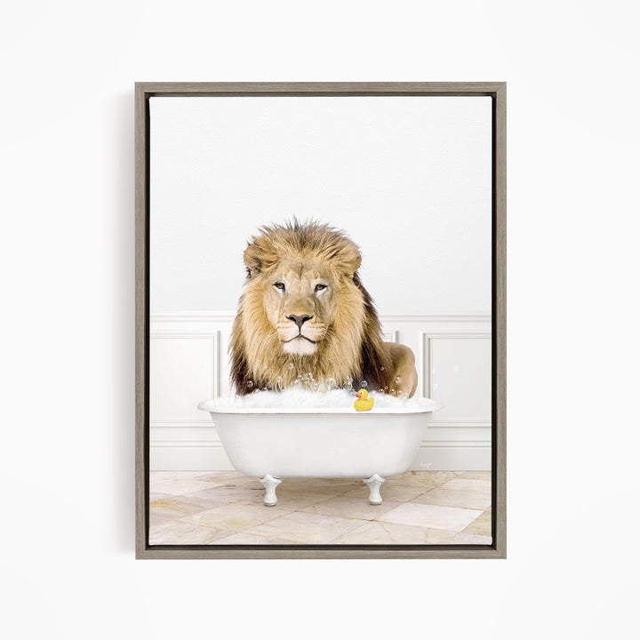 A lion sitting in a white bathtub, surrounded by a yellow rubber duck.