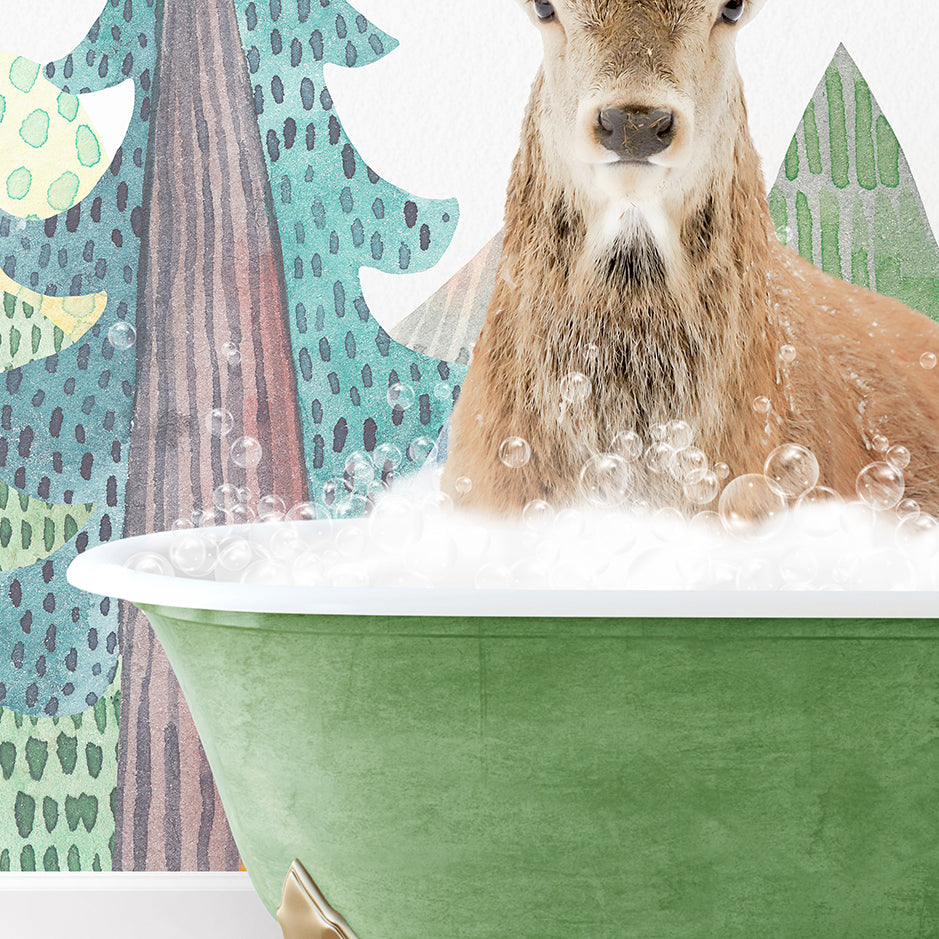 a deer is sitting in a bathtub with bubbles