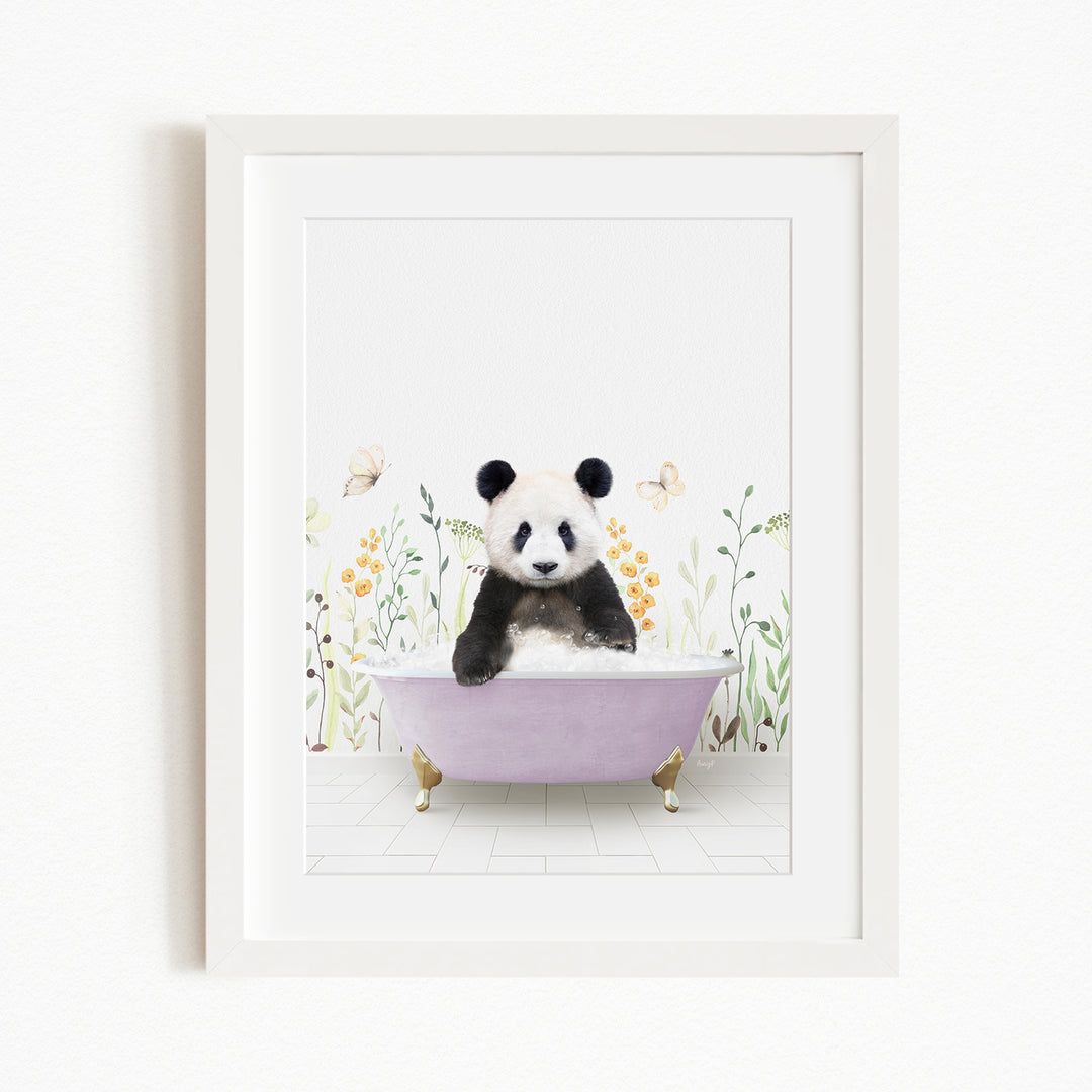 A panda bear sitting in a purple bathtub surrounded by flowers and butterflies.