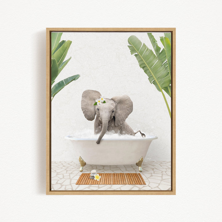 A gray elephant is sitting in a white bathtub, surrounded by green leaves and flowers, creating a whimsical and relaxing scene.