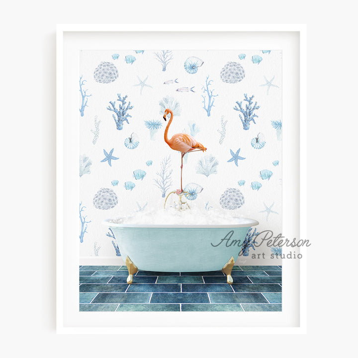 a pink flamingo standing on top of a bathtub