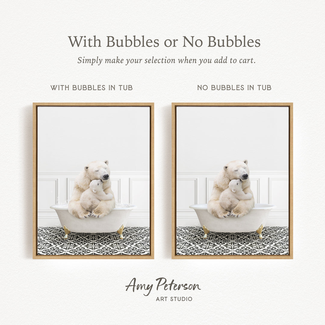 The image is a collage of two pictures, each featuring a polar bear and a baby bear in a bathtub. The polar bear is sitting in the tub with bubbles, while the baby bear is sitting in the tub without bubbles. The image is labeled "With Bubbles or No Bubbles" and "With Bubbles in Tub" to indicate the presence of bubbles in each scene.
