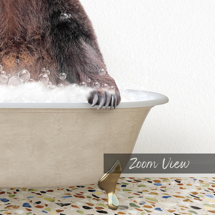A close-up of a bear's paw in a bathtub filled with bubbles, with the text "Zoom View" overlaid on the image.