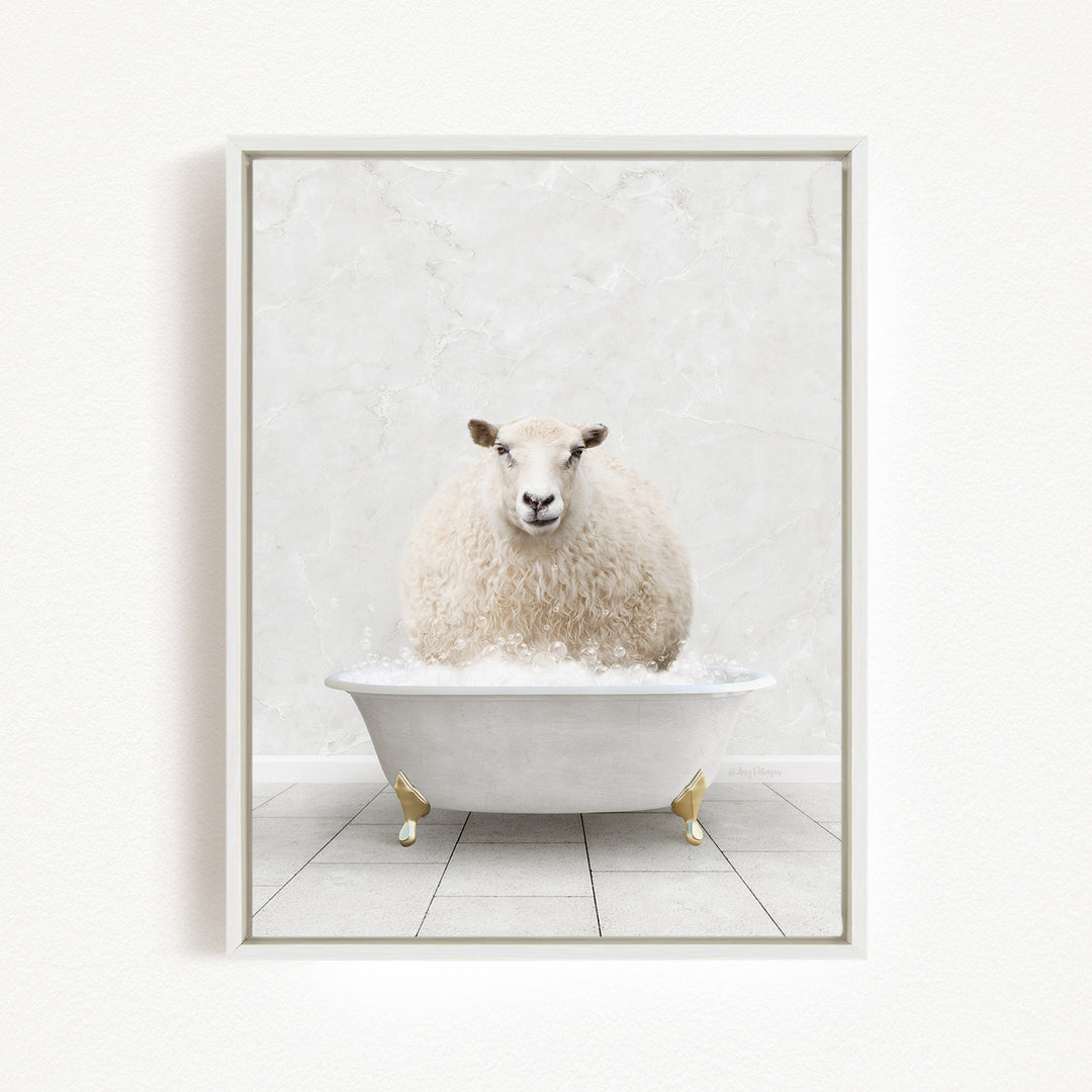 A fluffy white sheep is sitting in a white bathtub filled with bubbles, creating a whimsical and playful scene.