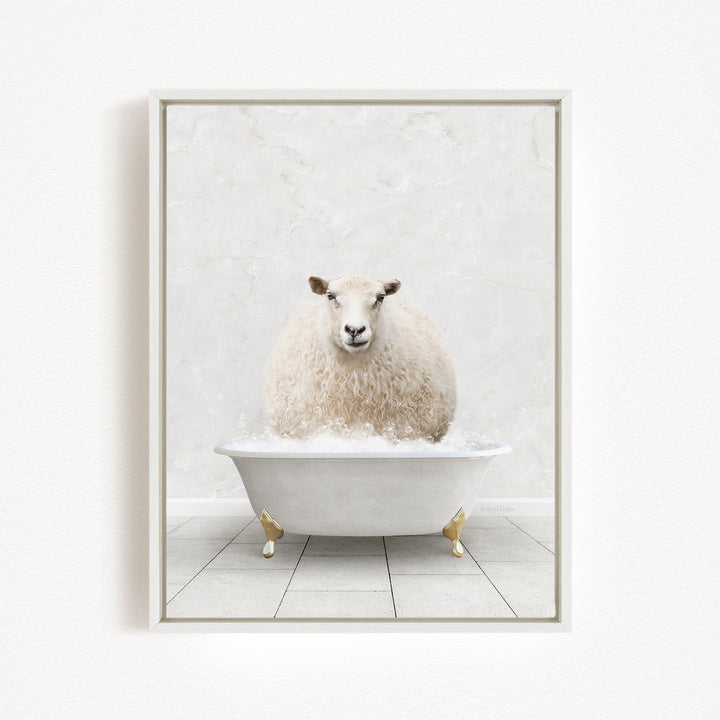 A fluffy white sheep is sitting in a white bathtub filled with bubbles, creating a whimsical and playful scene.