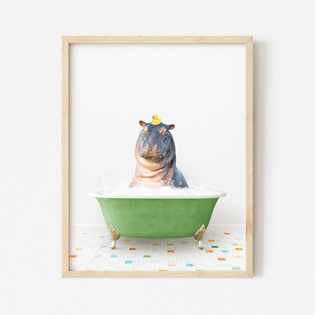 a hippo in a bathtub with a crown on its head