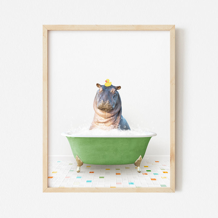 a hippo in a bathtub with a crown on its head