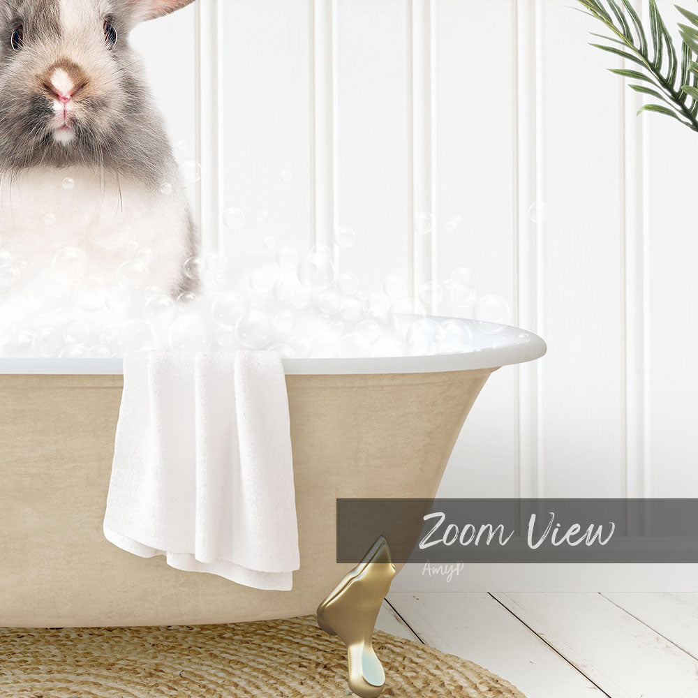 A fluffy gray and white rabbit sitting in a bathtub filled with bubbles, with a towel and gold bathtub leg visible.