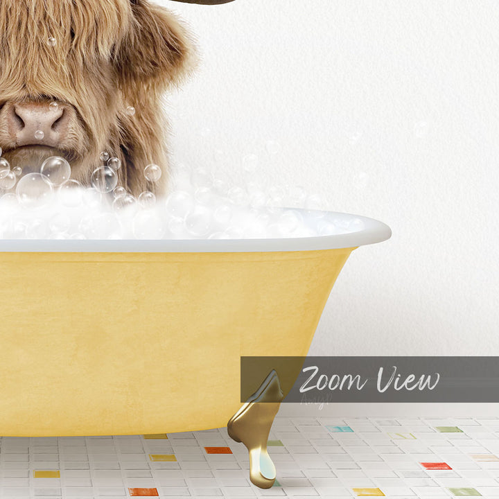 A yellow bathtub filled with bubbles, with a cow's head peeking out from the tub.