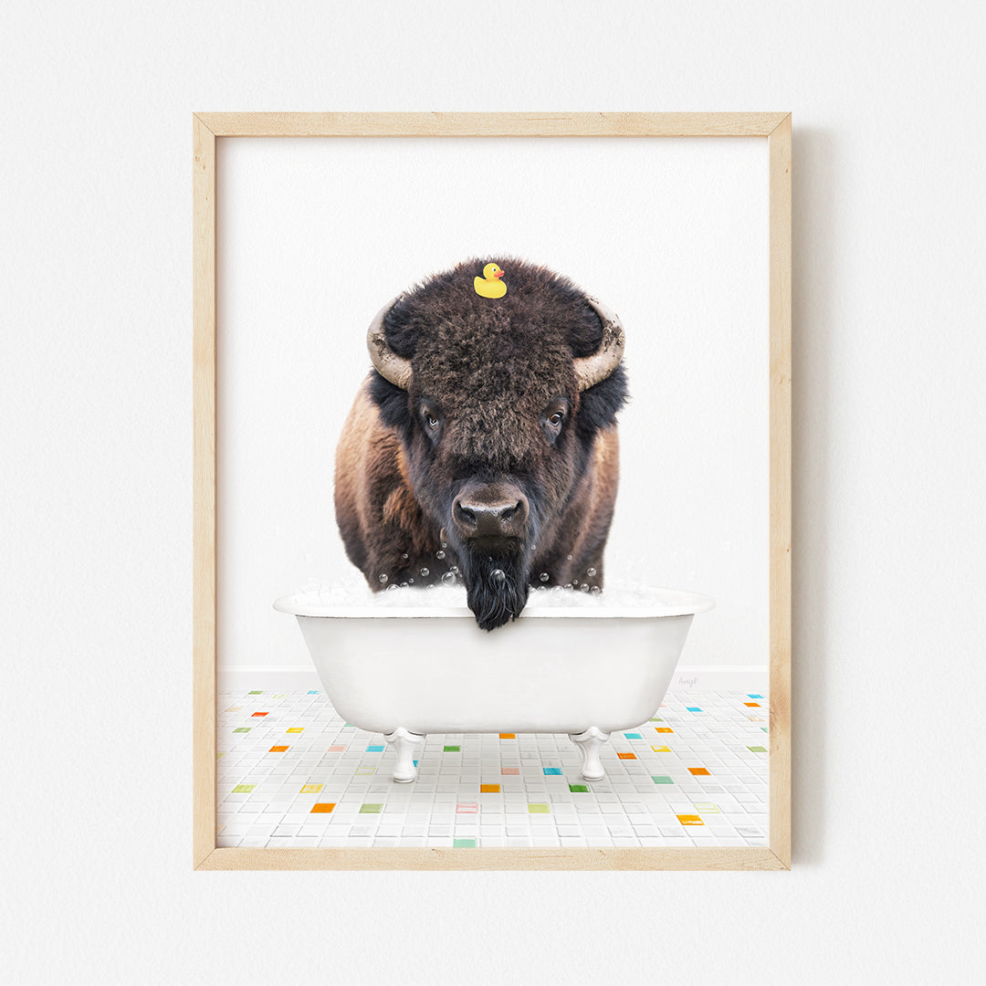 a picture of a bison sitting in a bathtub