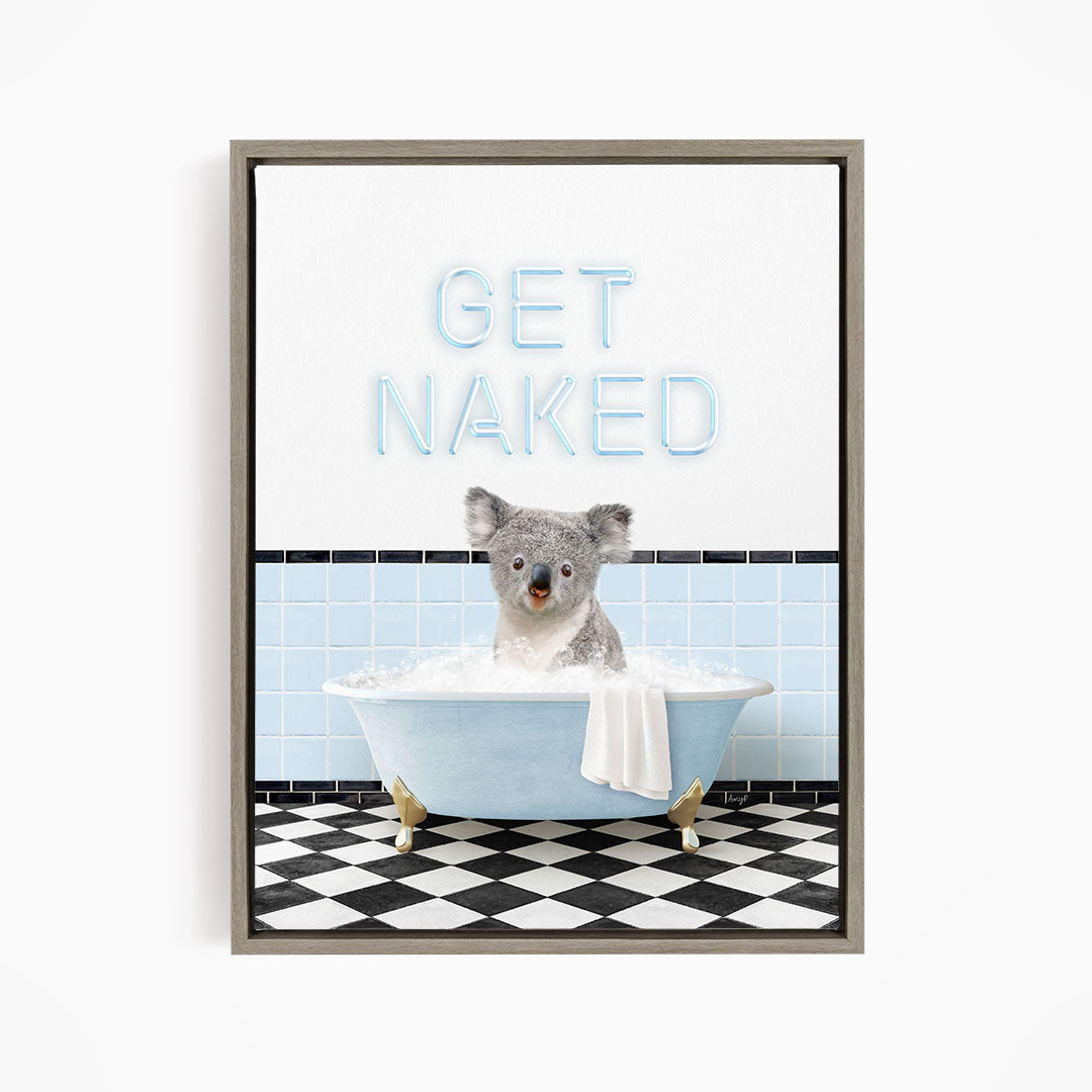 A koala sitting in a bathtub with the text "GET NAKED" displayed above it.