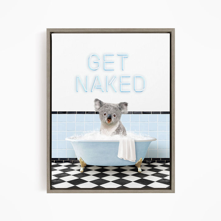 A koala sitting in a bathtub with the text "GET NAKED" displayed above it.