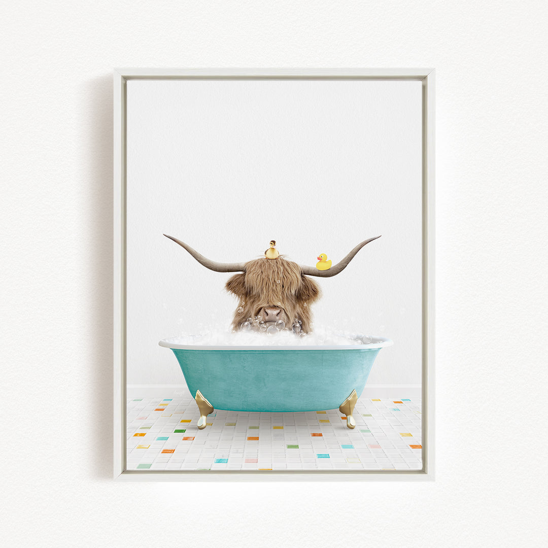 A brown cow with large horns is sitting in a blue bathtub filled with bubbles, surrounded by rubber ducks.