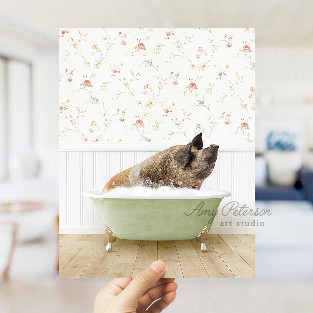 a dog taking a bath in a green bathtub