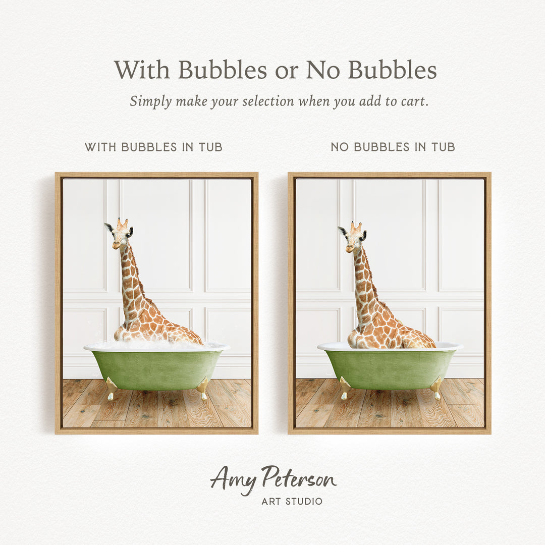 The image is a collage of two framed pictures, each depicting a giraffe sitting in a bathtub. The text above the images reads "With Bubbles or No Bubbles" and below the images, it says "Simply make your selection when you add to cart."