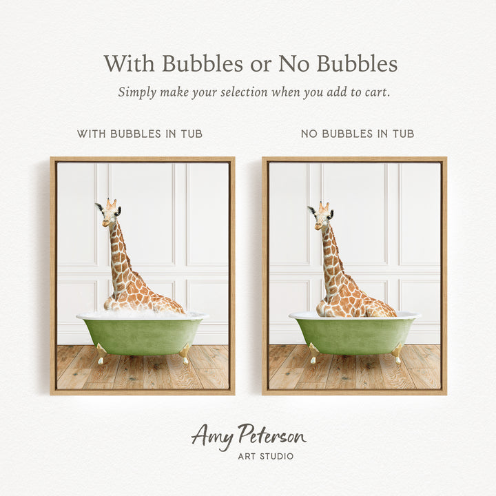 The image is a collage of two framed pictures, each depicting a giraffe sitting in a bathtub. The text above the images reads "With Bubbles or No Bubbles" and below the images, it says "Simply make your selection when you add to cart."