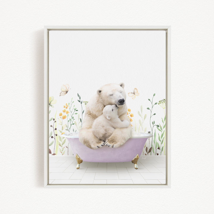 A polar bear is sitting in a bathtub, surrounded by flowers and butterflies, creating a whimsical and serene scene.