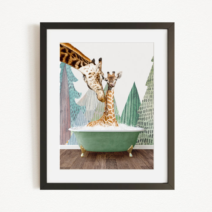 A mother giraffe and her baby giraffe are sitting together in a green bathtub, with the mother gently licking her baby.