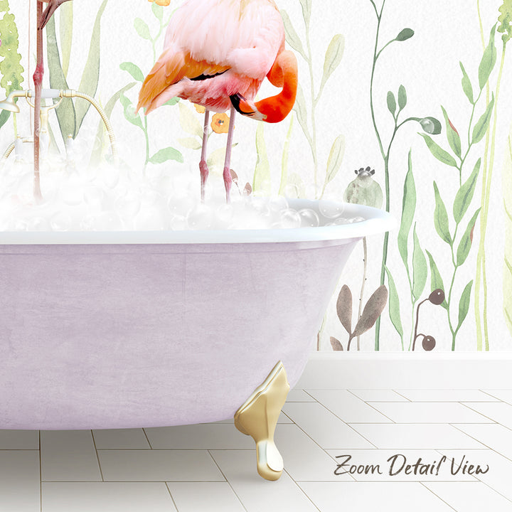 A pink flamingo standing in a bathtub filled with water, surrounded by a colorful floral wallpaper.