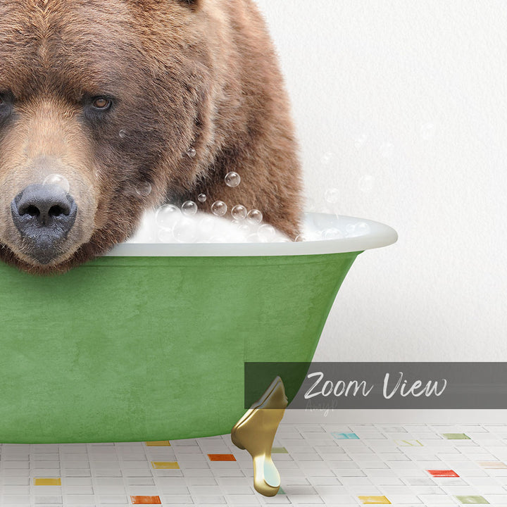 A large brown bear is sitting in a green bathtub filled with bubbles, creating a whimsical and playful scene.