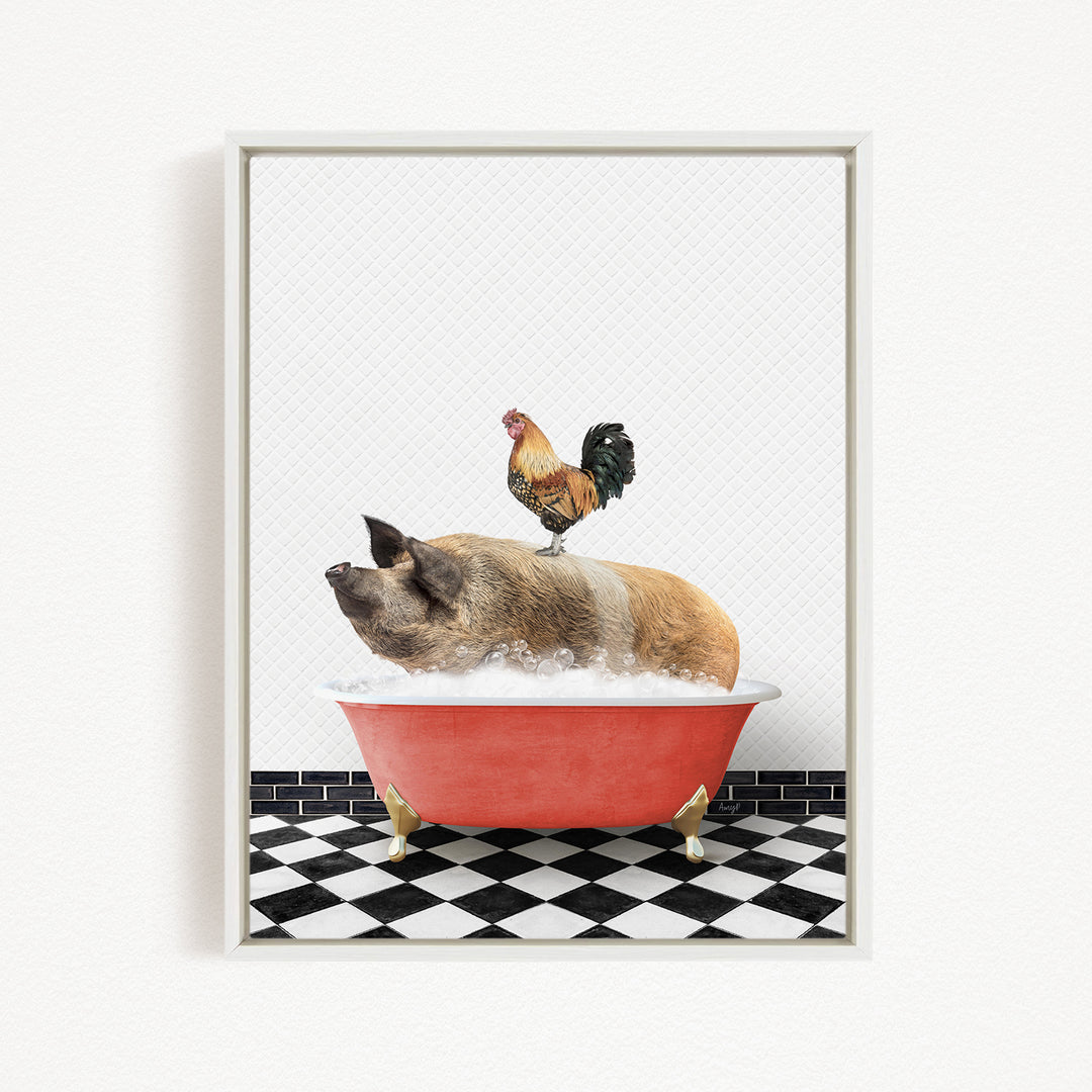 A rooster stands on a pig's back while the pig is sitting in a red bathtub filled with bubbles, set against a black and white checkered floor.