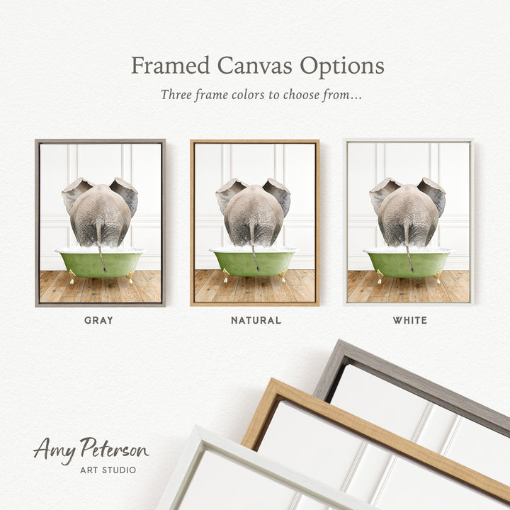 three framed canvas options, each featuring a different color of frame: gray, natural, and white. The text above the images reads " framed Canvas Options" and "Three frame colors to choose from...". The bottom of the image includes the text " Amy Peterson ART STUDIO".