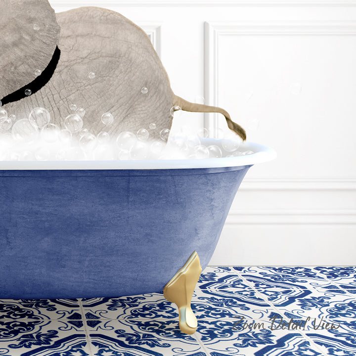 A large blue bathtub filled with bubbles, with a gold-colored bathtub faucet and a gold-colored bathtub foot.