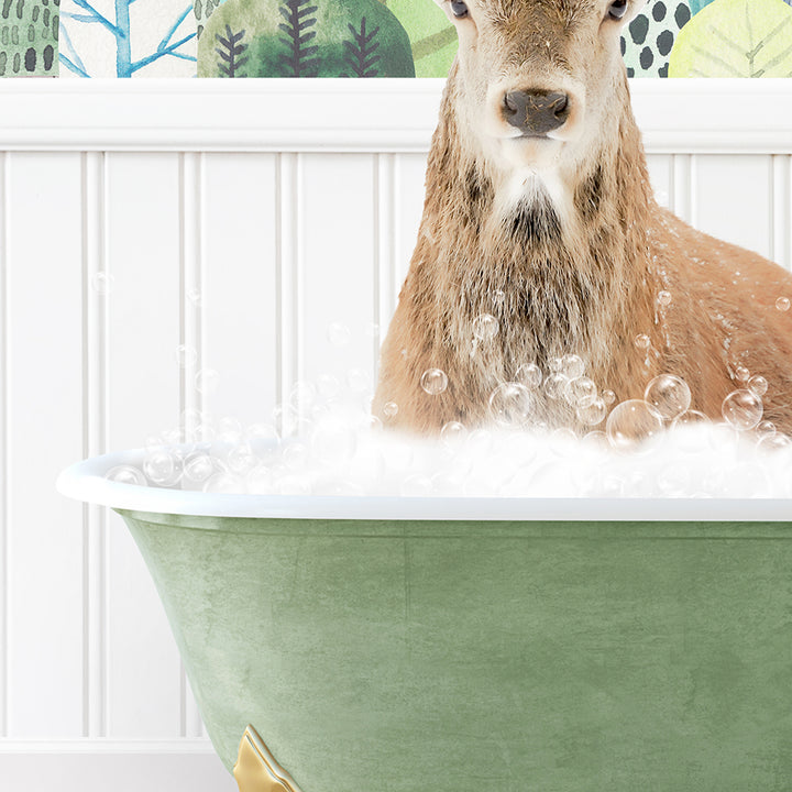 a deer is sitting in a bathtub full of bubbles