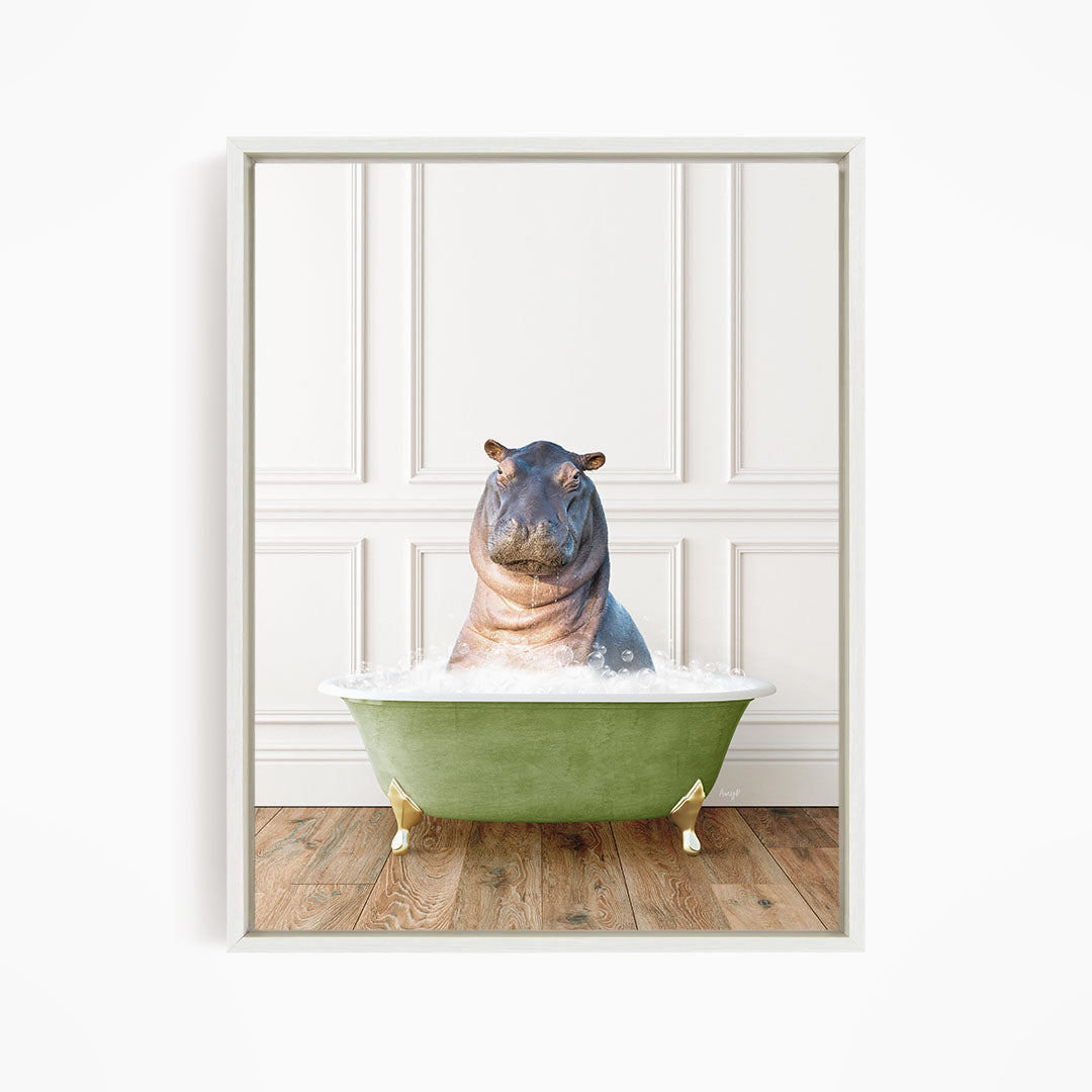 A hippopotamus sitting in a green bathtub filled with water, creating a whimsical and playful scene.