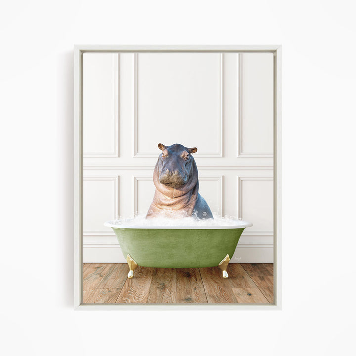 A hippopotamus sitting in a green bathtub filled with water, creating a whimsical and playful scene.