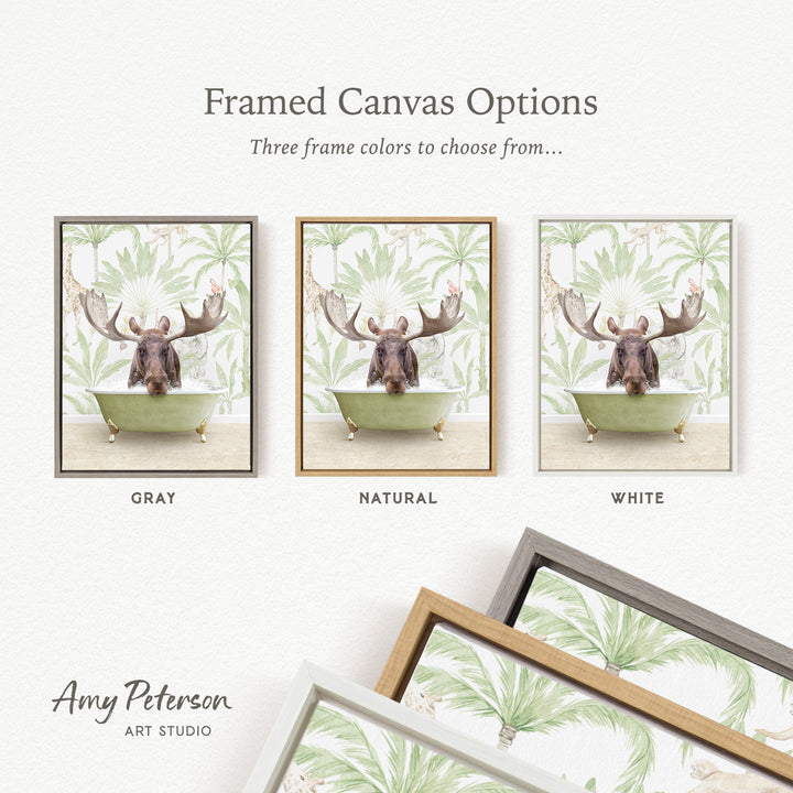 three framed canvas options featuring a moose in a bathtub, each with a different frame color: gray, natural, and white.