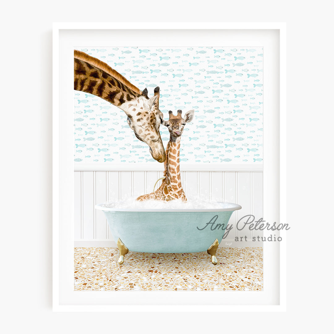 two giraffes sticking their heads into a bathtub