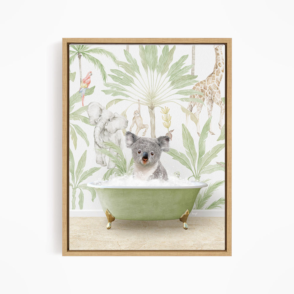 A koala bear sitting in a green bathtub filled with water, surrounded by tropical plants and animals, such as a giraffe and a parrot.