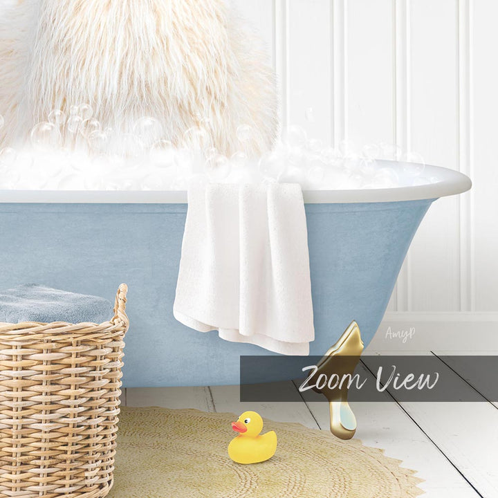 A blue bathtub filled with bubbles, a white towel, a yellow rubber duck, and a wicker basket are arranged in a bathroom setting.