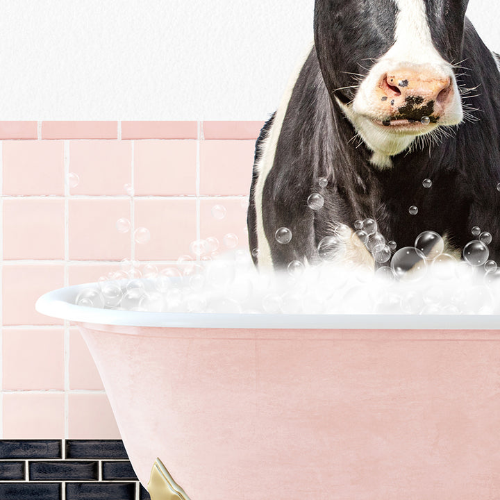 a black and white cow standing in a bathtub filled with bubbles