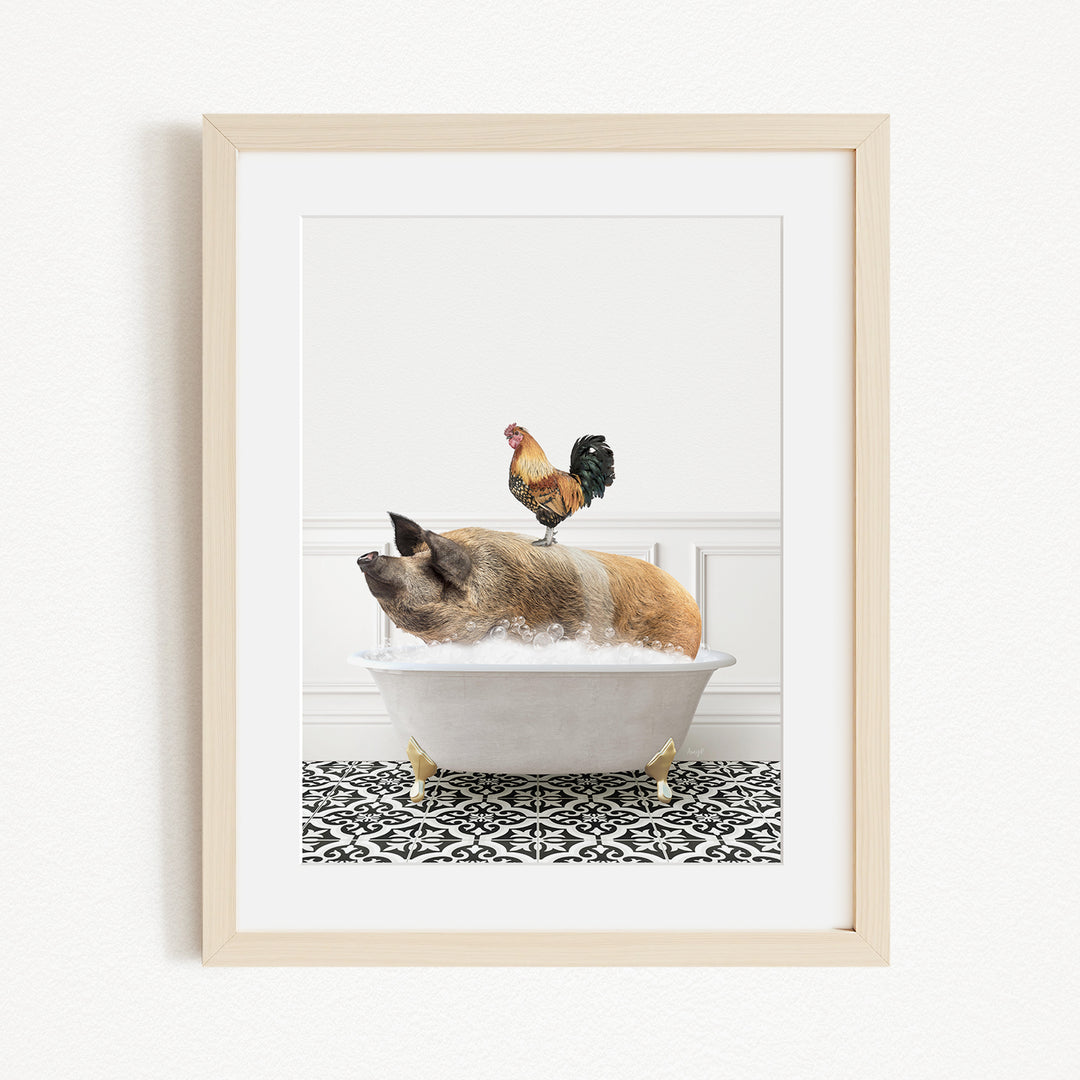 A rooster sits atop a pig in a bathtub, both appearing to enjoy the bathing experience.
