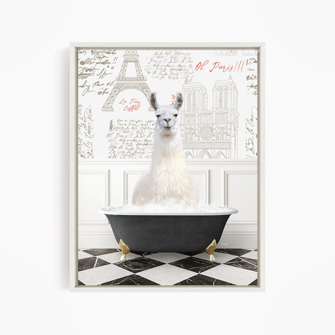 A white llama sitting in a bathtub filled with bubbles, with a Paris-themed background featuring the Eiffel Tower and other landmarks.